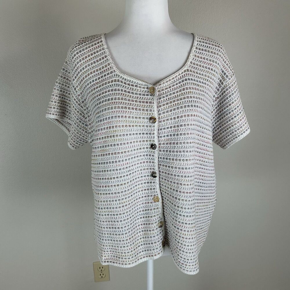 Reba Rose Pointelle Knit White Short Sleeve Top Button Cardigan Women L USA